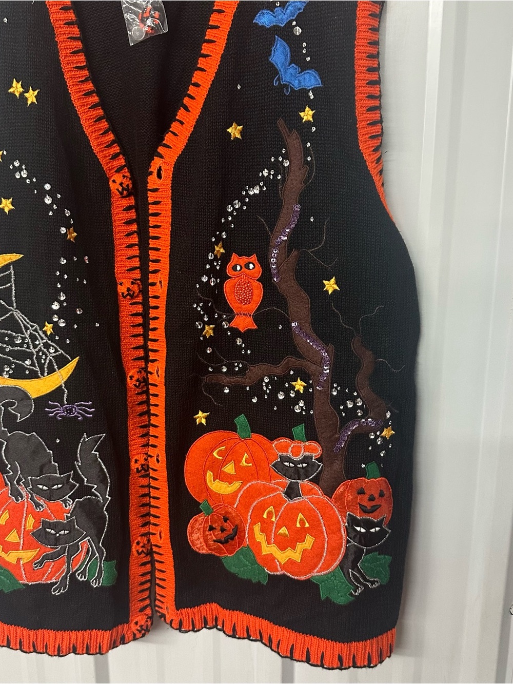 Vintage Halloween Appliqué Knit Sweater Vest Pumpkin Moon Cat Cottagecore 3X - Picture 3 of 8